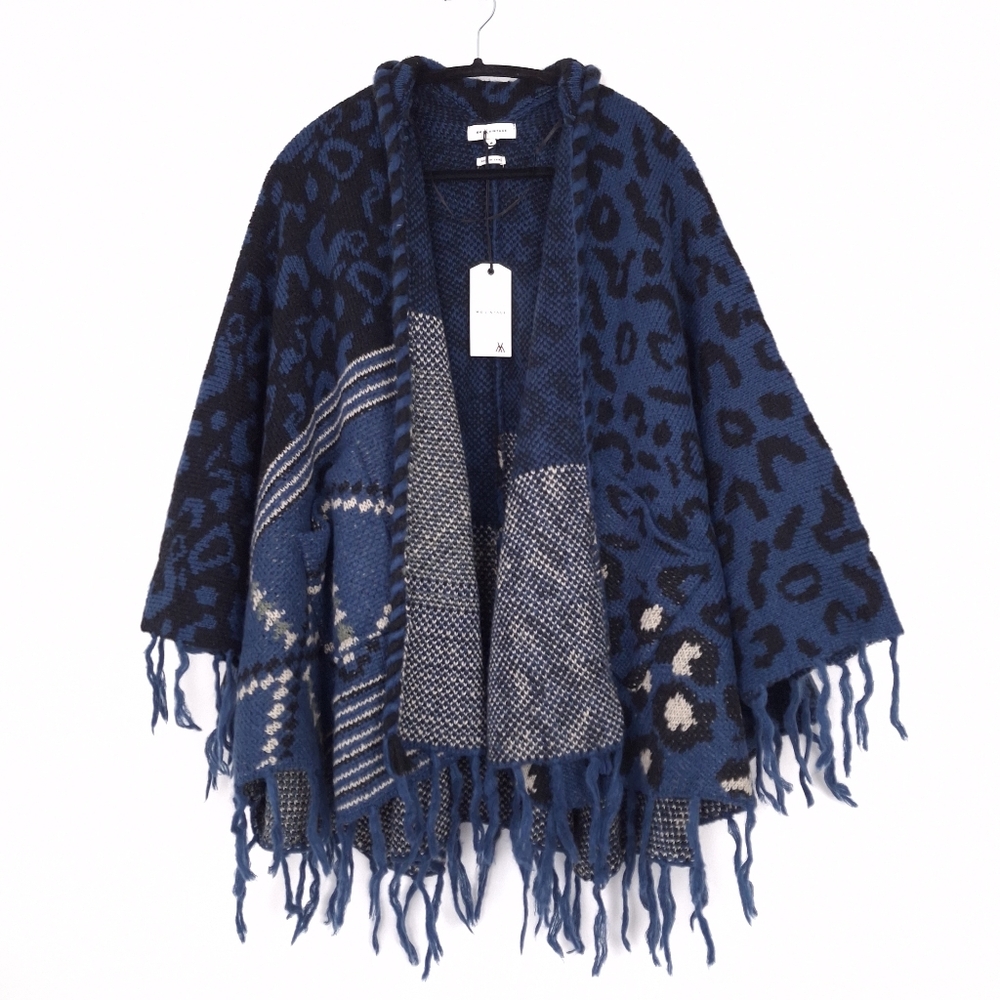 MM Vintage wool mohair chunky knit blanket poncho wrap shawl patchwork cozy blue